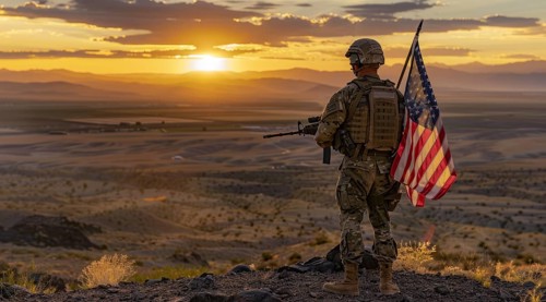 American patriot soldier stand in front of the flag. Concept of fighting for freedom and democracy,