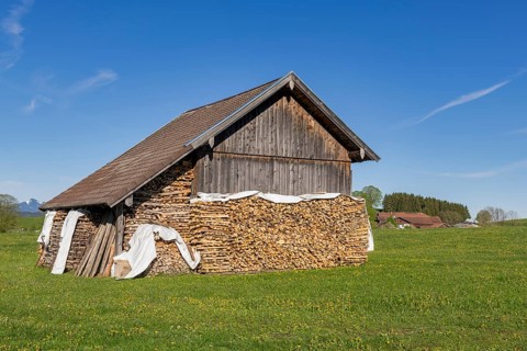 Wooden hut near Fuessen, woodpile, Allgaeu Alps, snow, meadow, Allgaeu, Bavaria, Germany, Europe