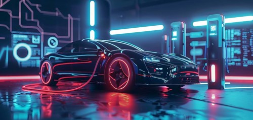 Electric car charging the battery from the electric charger, AI generated