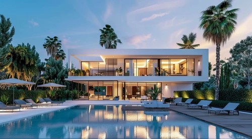 Exterior of private house luxury villa. Modern architecture real estate with swimming pool, AI