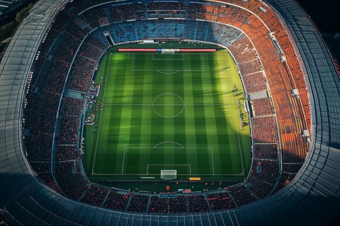 Aerial bird eye top view of a soccer football field stadium, AI generated