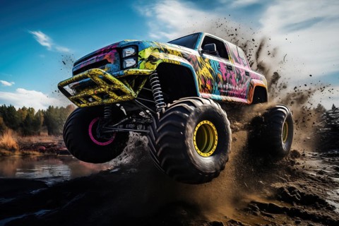 Monster truck driving and jumping outdoors amidst a cloud of dust. Thrill and adrenaline of an