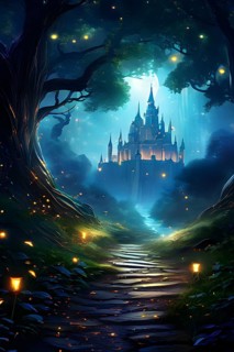 AI generated enchanted forest illustration intertwining trees aglow with magical light