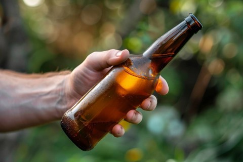 Closeup of the hand of a young male adult holding an open beer bottle symbolizing the risks of