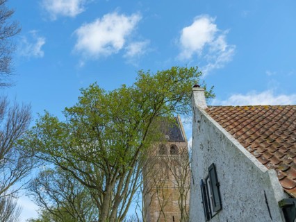 White house in front of a church with a tower, surrounded by trees under a blue sky, historic