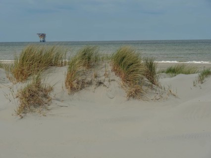 Calm sea with a structure in the water, seen from behind sand dunes with reeds, dunes by the sea