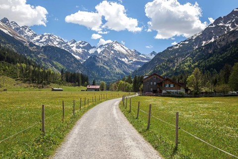 Path in Stillachtal, behind mountains of the Allgaeu Alps, Birgsau, near Oberstdorf, Oberallgaeu,