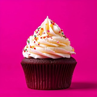 Cupcake with swirls of buttercream frosting in vanilla against magenta background, AI generated