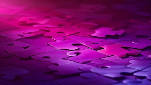 Illustration of scattered magen puzzle pieces sprawled across as a wallpaper background, AI