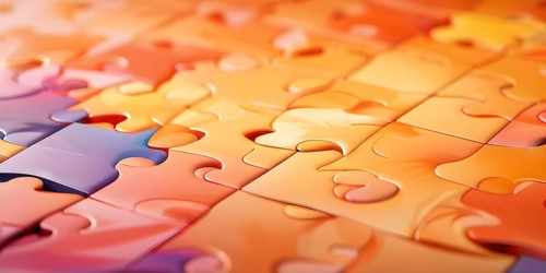 Illustration of scattered orange puzzle pieces sprawled across as a wallpaper background, AI