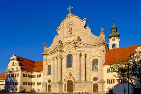 West facade, Zwiefalten Abbey, Zwiefalten Minster, Swabian Alb, Dobel Valley, Upper Swabia, Swabia,