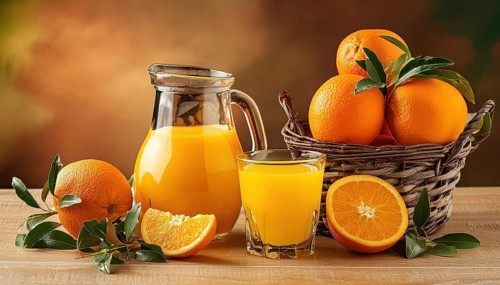 A jug and a glass of fresh orange juice next to a basket and some oranges on a wooden table, AI