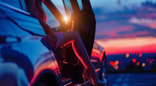Beautiful woman is sitting in a luxury car with her legs out. Celebrity party and glamour