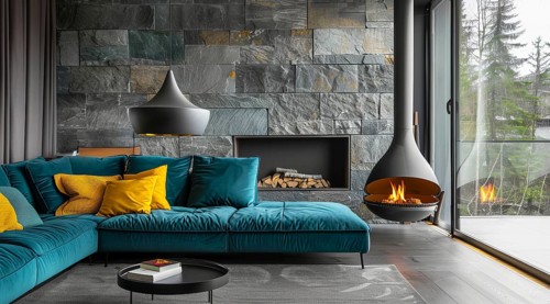 Modern living room in a condo or loft with modern trendy furniture, AI generated
