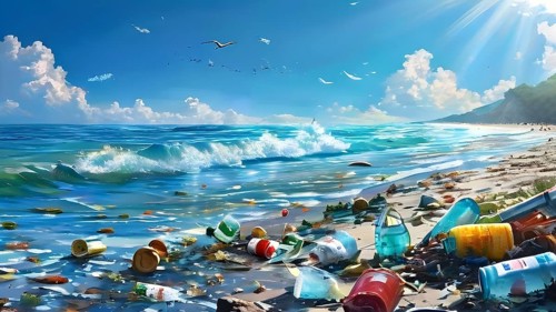 Illustration painting of a polluted beach covered with plastic trash, Illustrating the concept of
