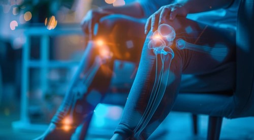 Illustration of knee pain. Concept of arthritis and sports trauma injury, AI generated