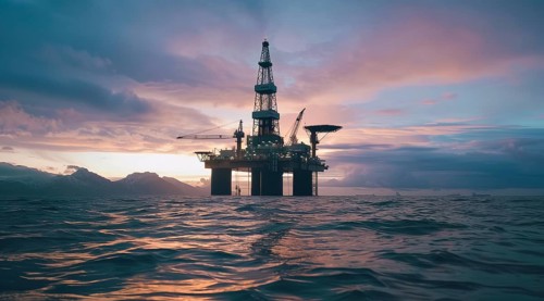 Offshore oil rig anchored platforms drilling for oil in ocean floor, AI generated