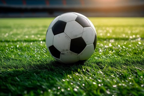 A soccer ball on a green field in soccer football stadium in evening on sunset with floodlights