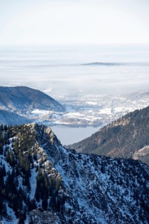 View of Schliersee and the foothills of the Alps in winter with snow, Mangfall mountains, Bavarian