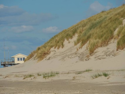 View of grassy sand dunes with a small house in the background, clouds on the beach with dunes by