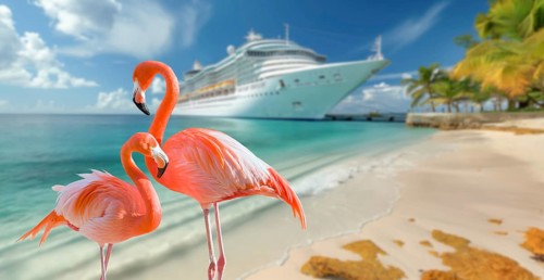 Beautiful tropical flamingo on the sandy shore with docked cruise ship in the background