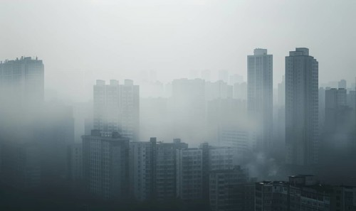 Urban landscape shrouded in smog with tall buildings barely visible AI generated