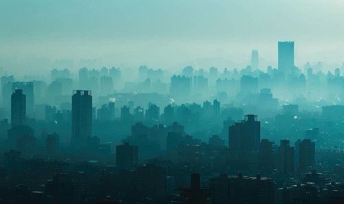 A city skyline obscured by thick smog, Industrial AI generated