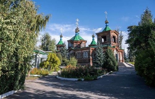 Russian Orthodox Church Cathedral of the Holy Trinity, wooden church with green spires, Karakol,