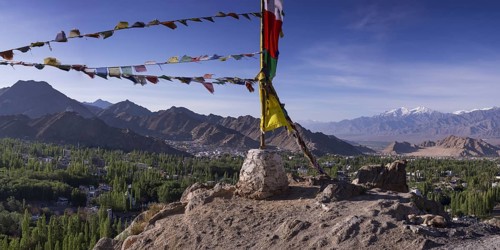 Panorama over Leh and the Namgyal Tsemo Gompa monastery on Tsenmo Hill, a viewpoint over Leh,