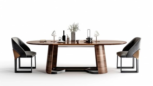 An elegantly set luxury dining table with modern chairs and dark wood tones, AI generated