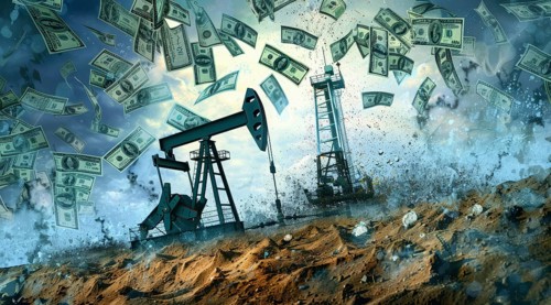 Oil rig pumping money from the earth. Concept of earth resource exploitation and corporate greed,