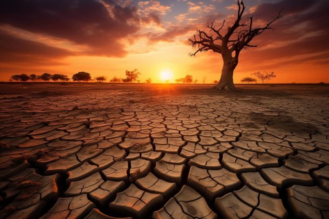 Drought climate change ecology solitude concept, dry dead tree in desert with a dry, cracked ground