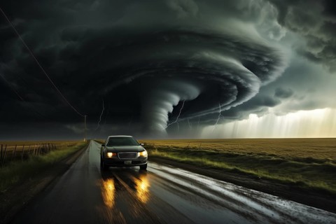 Disaster catastrophe storm concept, tornado in a field in the USA with car on road escaping tornado