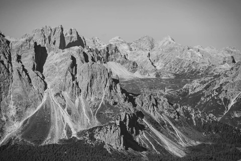 Spectacular rocky mountain peaks of the Sesto Dolomites, black and white, view from the Carnic Main