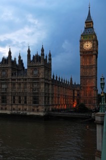 Palace of Westminster and Big Ben seen at dusk from Westminster Bridge, London, England, United