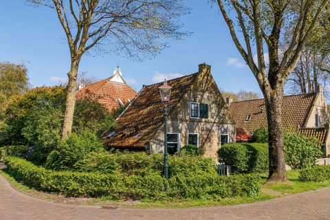 A peaceful village with houses surrounded by lush treetops and green hedges, historic houses in a