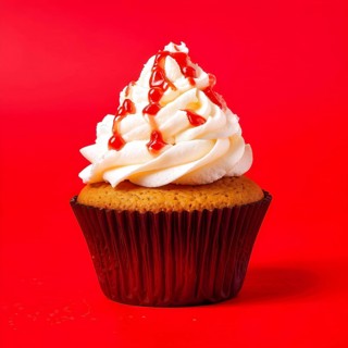 Cupcake with swirls of buttercream frosting in vanilla against red background, AI generated