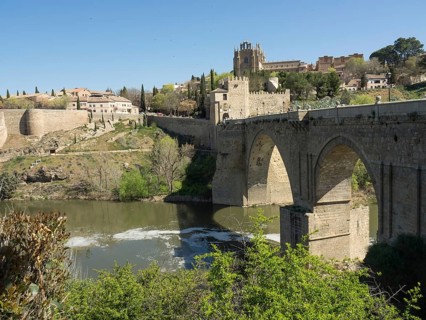 Stone bridge with arches over a river, surrounded by a cityscape and vegetation, sunny weather,