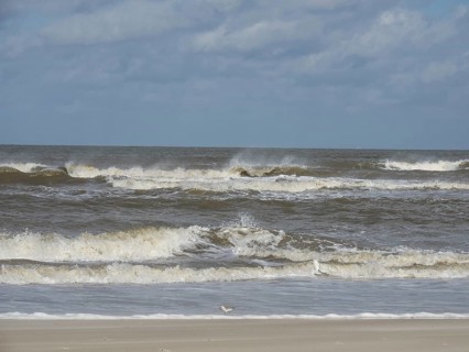 Interwoven waves with whitecaps on the seashore under a cloudy sky, waves on a beach, sunny day