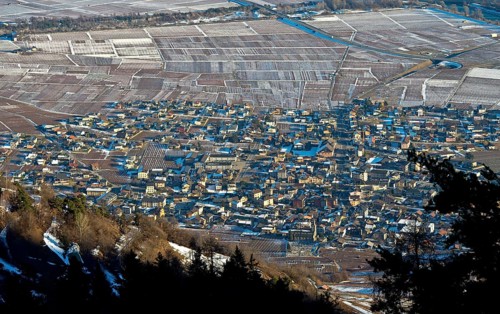 View from above of the village of Leytron in the Rhone valley with a loose open settlement