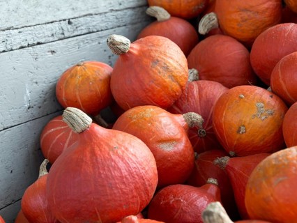 Collection of pumpkins in a wooden box, creating an autumnal atmosphere, many orange pumpkins at
