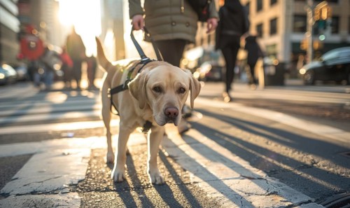 A guide dog leading its owner along a suburban sidewalk AI generated
