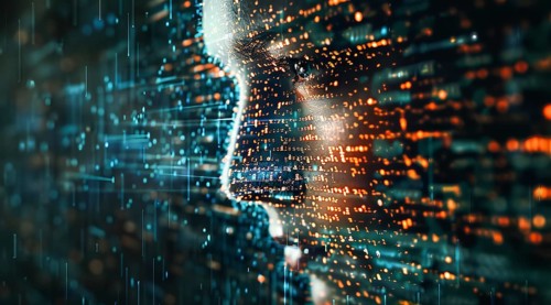 Human beings morphing into code. The concept of cyborg and AI becoming sentient, AI generated