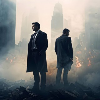 Silhouette of two businessman against a backdrop double exposure that reveals a destroyed