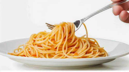 A forklifting some twirled spaghetti from a white plate on a plain white background, AI generated