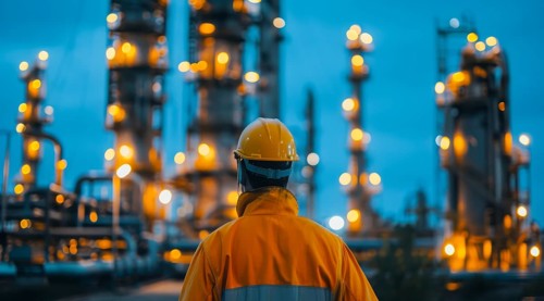 Worker overlooking a large industrial chemical oil refinery plant. Pollution and ecology concept,