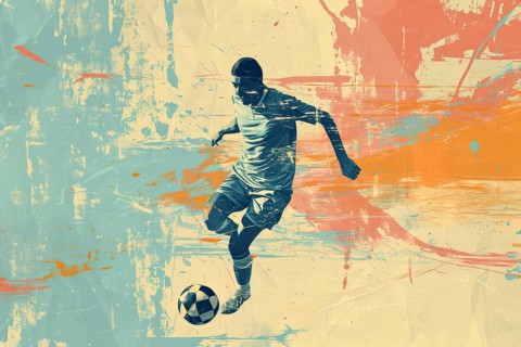 A soccer player dribbles and kicks a soccer ball. Abstract vintage grungy poster style with muted