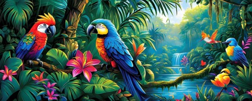 AI generated illustration of an enchanted fairy tale jungle inhabited by magical fantasy animals in