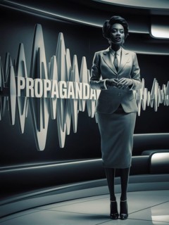 A monochrome image of a professional woman with a sound wave and the text 'Propaganda' behind her,