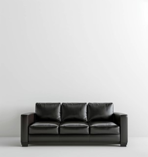 Black leather sofa in a white room. Black and white photography. AI generated